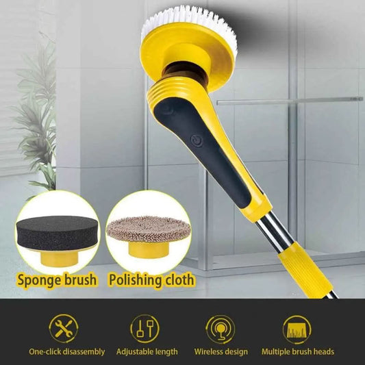 Yellow and black cordless electric spin scrubber with sponge brush and polishing cloth attachments for bathroom cleaning