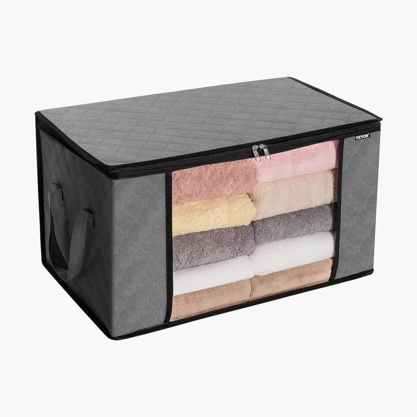 Gray fabric storage bag with transparent front window showing stacked colorful towels inside