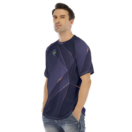 Man wearing a dark blue geometric pattern all-over print O-neck short sleeve t-shirt with jeans