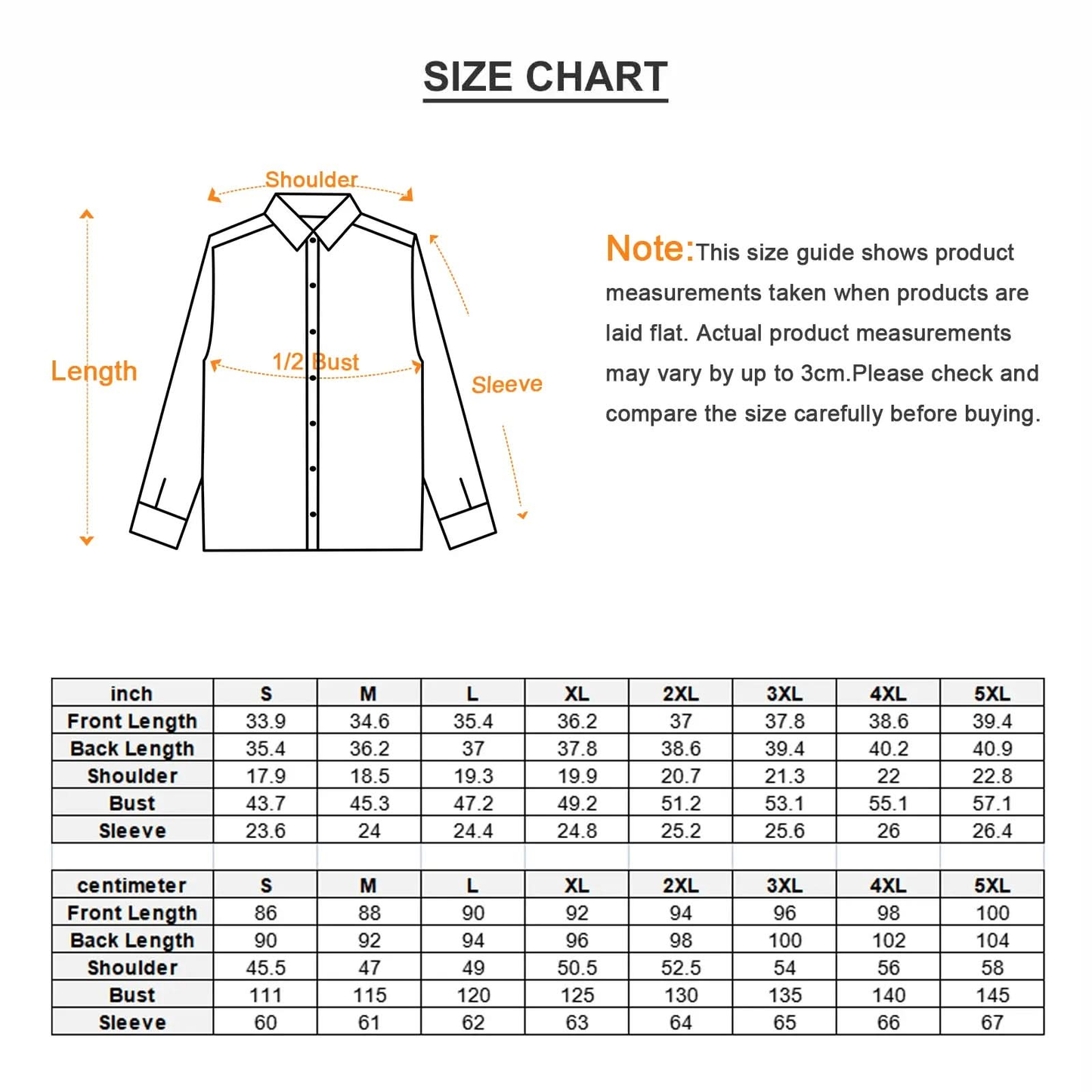 Men's long sleeve stand-up collar shirt sizing chart with shoulder, bust, sleeve, and length measurements in inches and centimeters