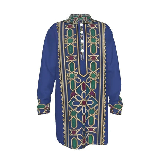 Blue men's long shirt with stand-up collar and intricate multicolor geometric pattern