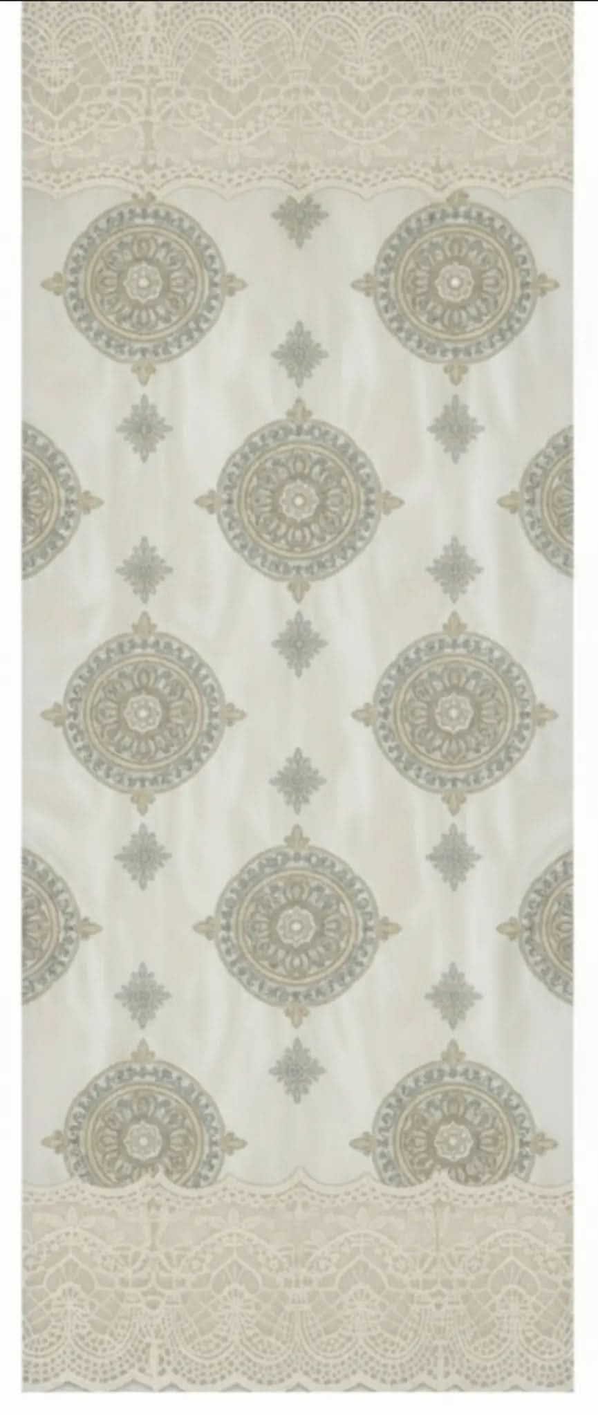 Beige ornament scarf hijab with intricate circular patterns and lace border