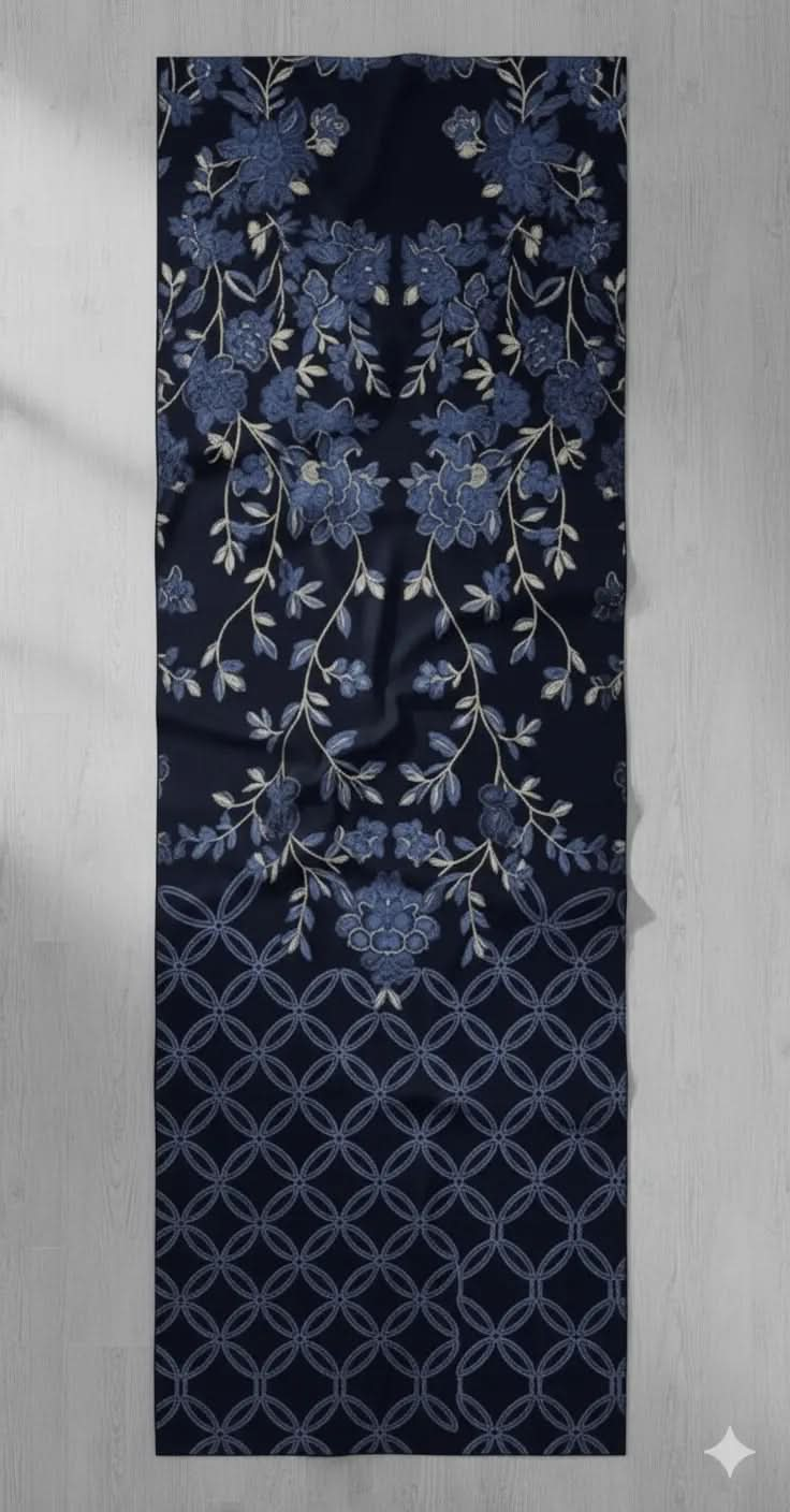 navy blue floral scarf hijab with intricate embroidery and geometric patterns on wooden floor