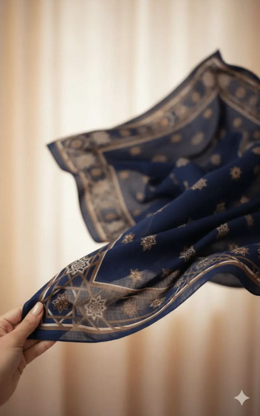 Hand holding navy blue scarf with beige tile pattern and star motifs against blurred background