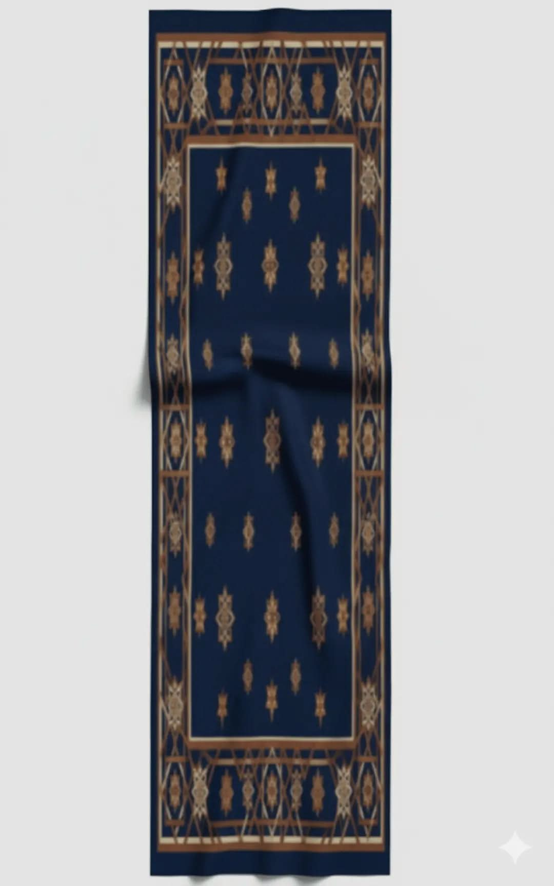 Navy blue scarf with tan and beige tiled geometric pattern and star motifs on white background