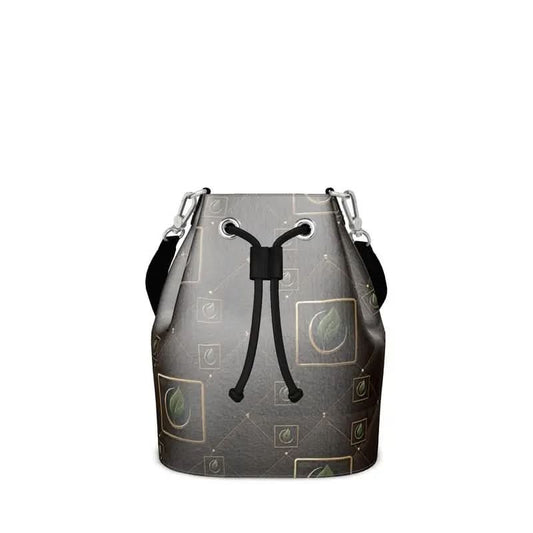 Black bucket bag with green leaf pattern and drawstring closure on white background