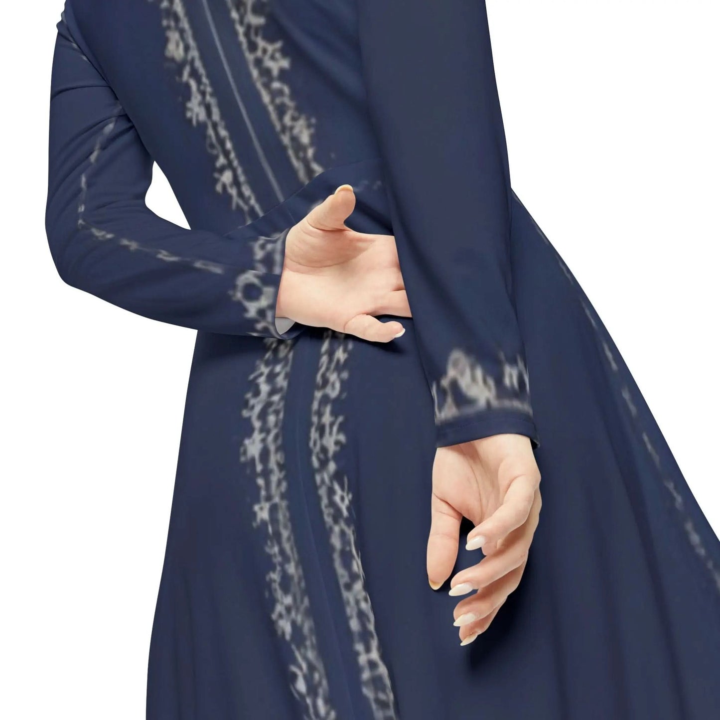 Close-up of hands crossed behind back wearing a long-sleeve navy blue dress with subtle vertical patterns