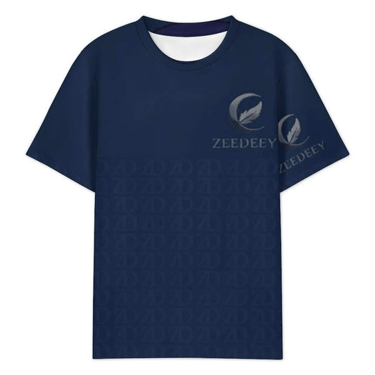 Navy blue men's t-shirt with subtle ZD monogram pattern and Zeedeey logo on chest and sleeve