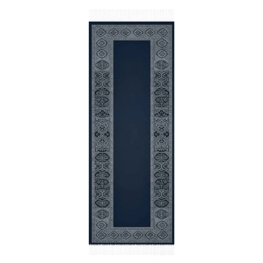 Navy blue runner rug with intricate light gray traditional border pattern and white fringes