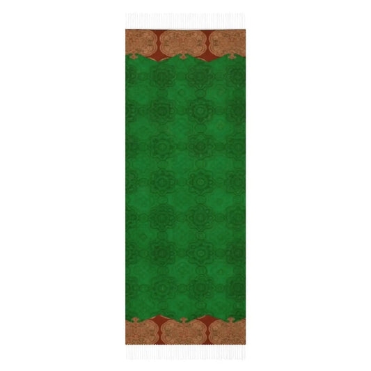 green scarf with intricate floral pattern and brown decorative border with tassels