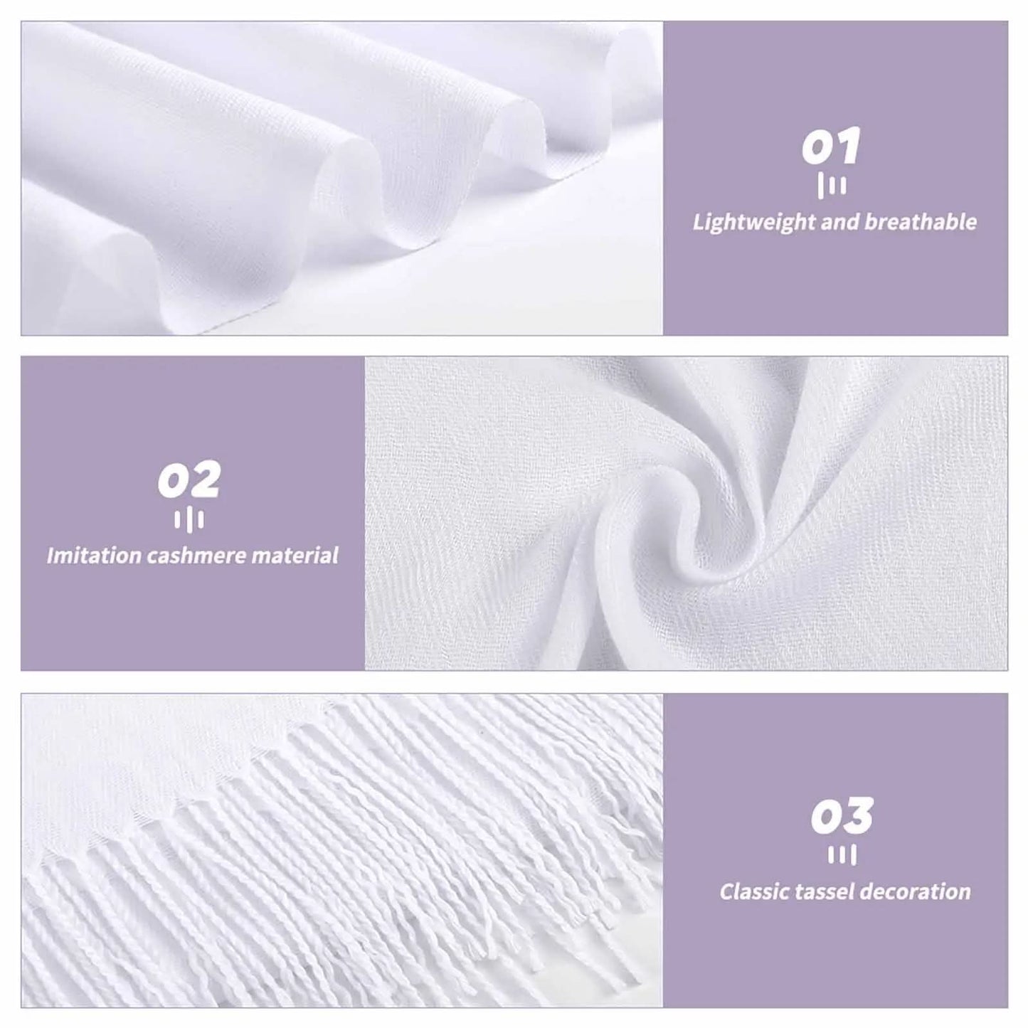 White scarf fabric showing lightweight breathable texture, imitation cashmere material, and classic tassel decoration