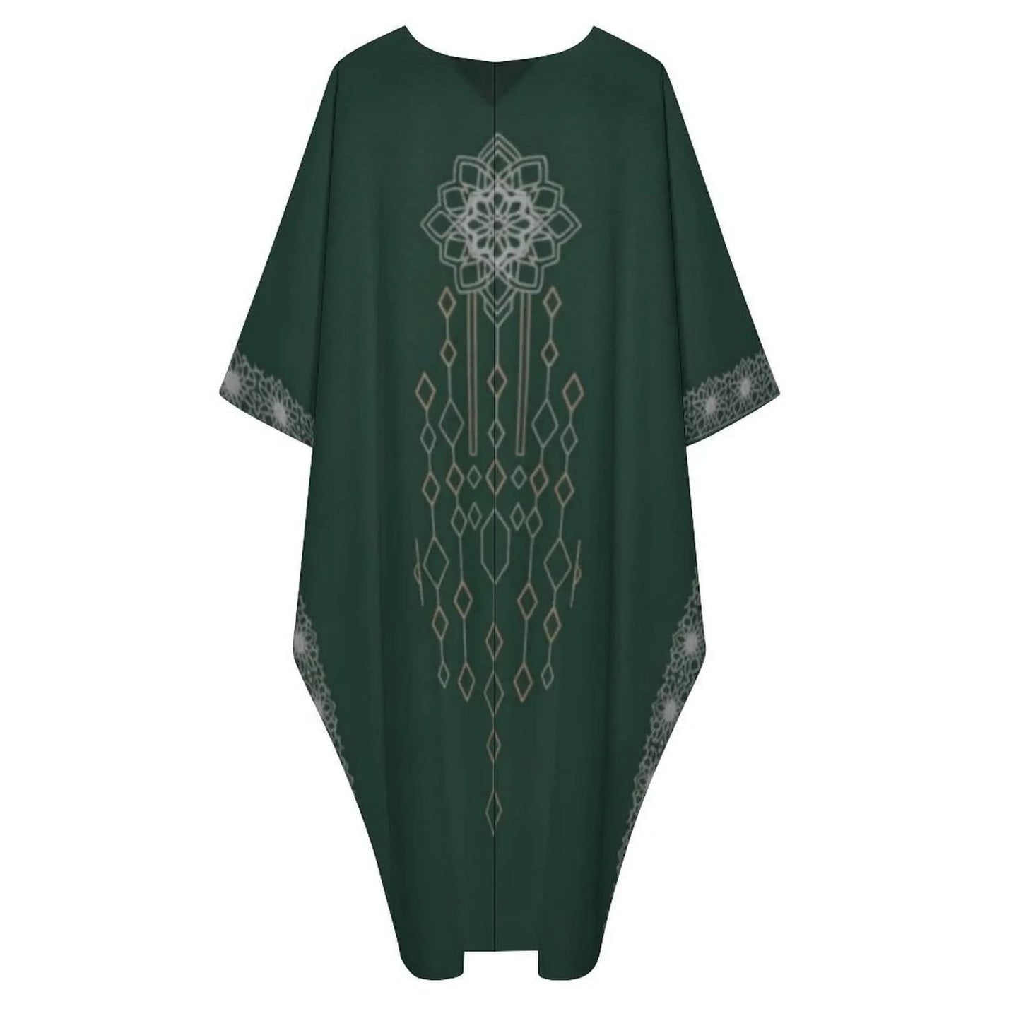 Dark green V-neck kaftan dress with geometric and floral designs on front and sleeves