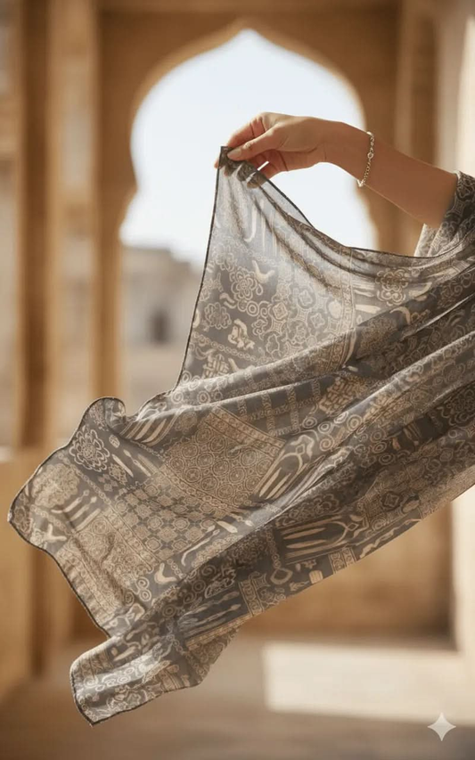 Hand holding a lightweight Egyptian pattern scarf with intricate beige designs in an arched architectural setting
