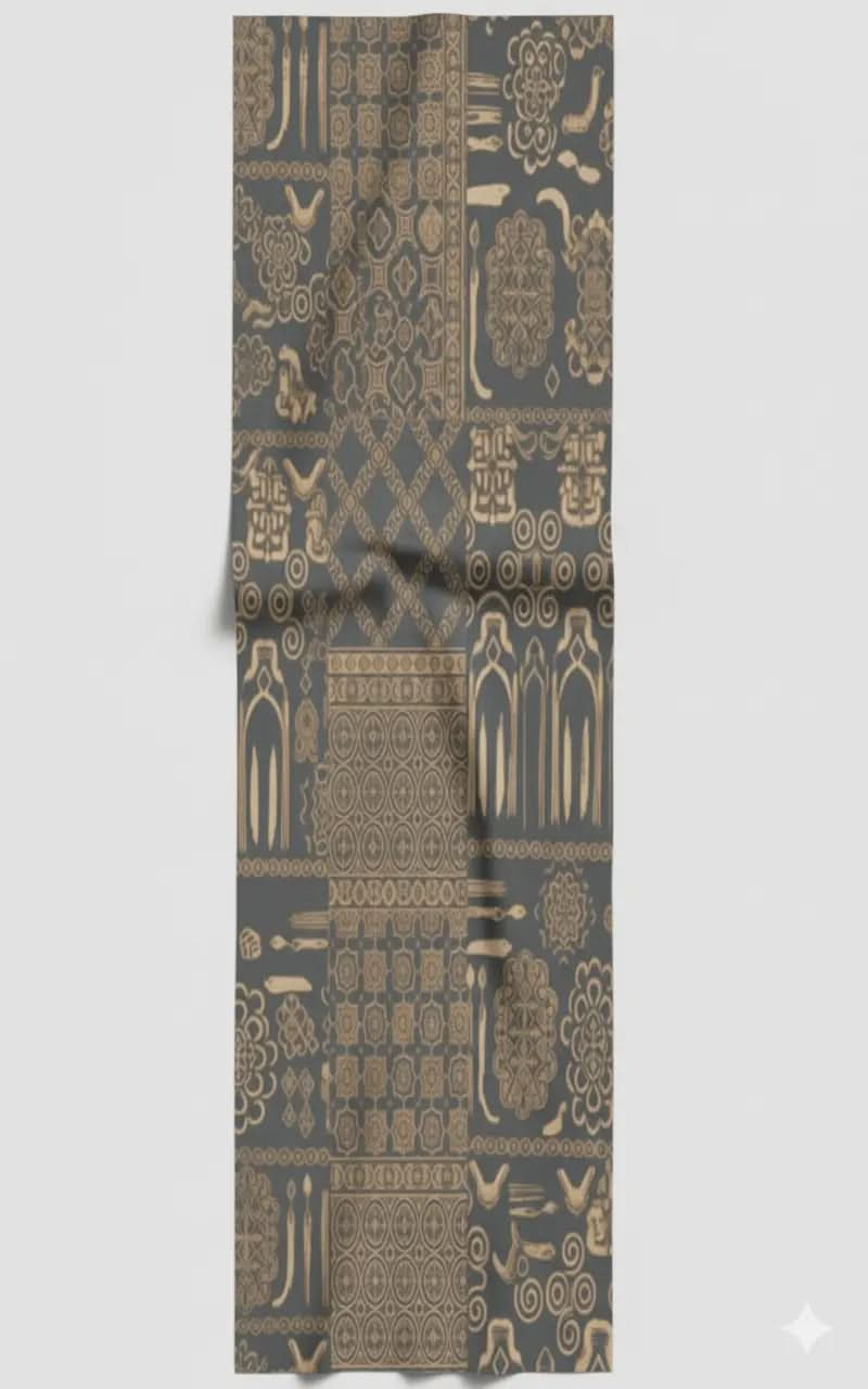 Egyptian pattern scarf hijab with beige intricate geometric and symbolic designs on dark background