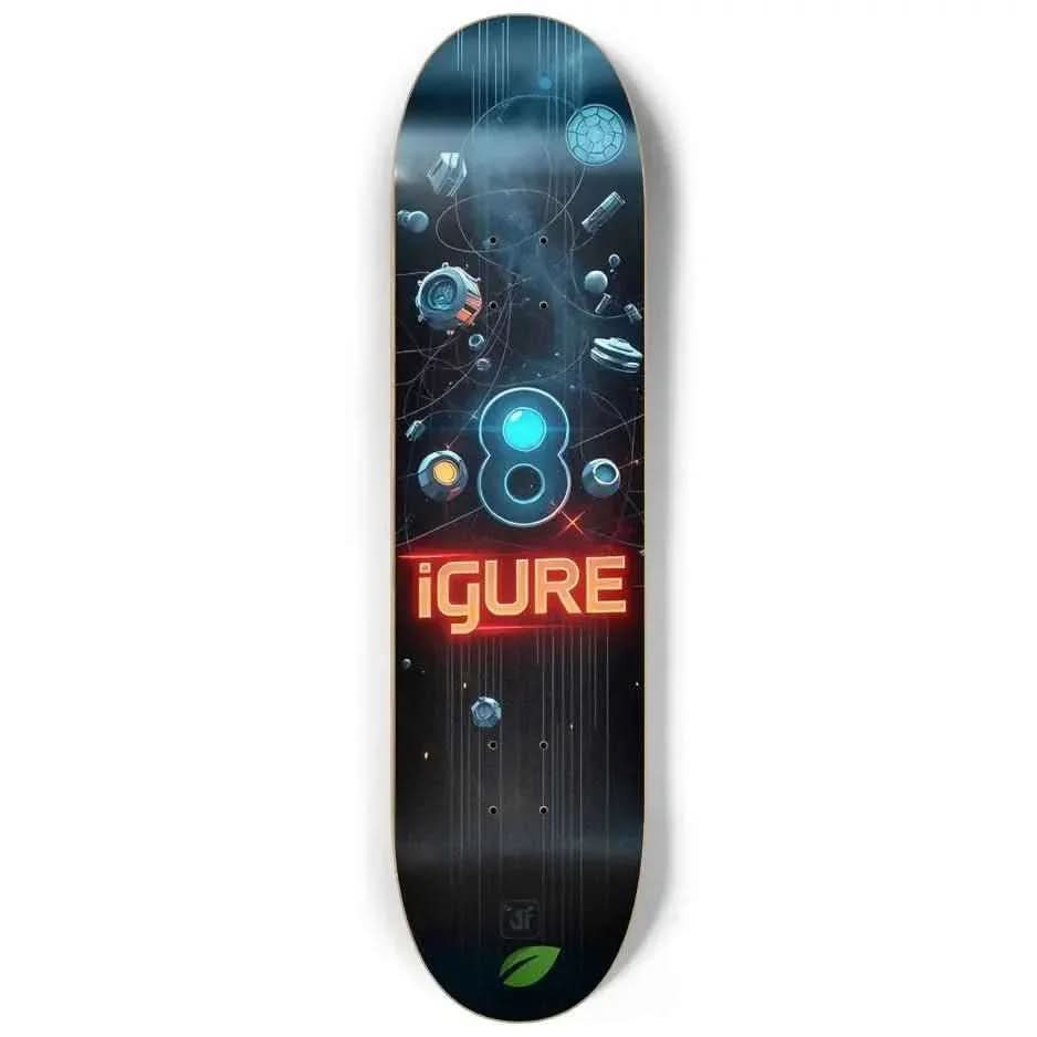 Black skateboard deck with blue and orange 3D geometric shapes and glowing text 'iGURE' and number 8 design