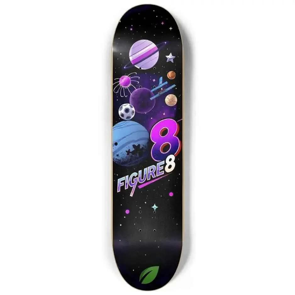 Figure 8 skateboard deck with colorful outer space planets and stars graphic design