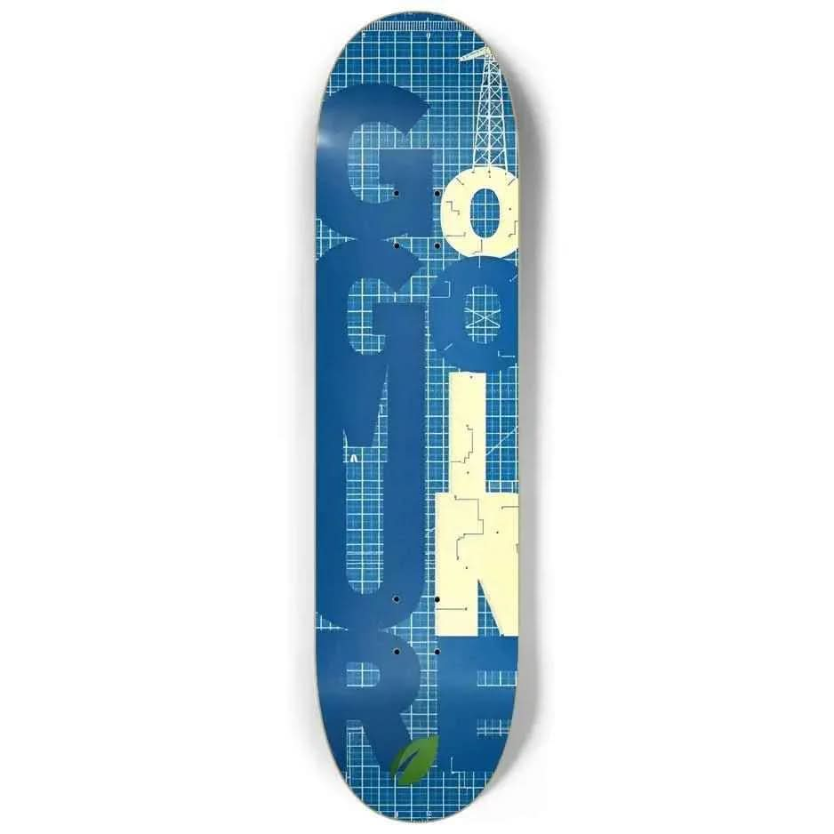 Blue skateboard deck with GO FIGURE bold letters and green leaf on blueprint design background