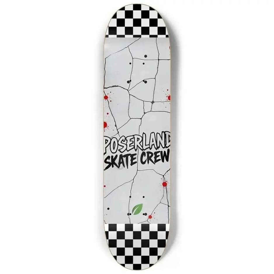 Skateboard deck with cracked white design, red splatters, checkerboard ends, and Poserland Skate Crew text