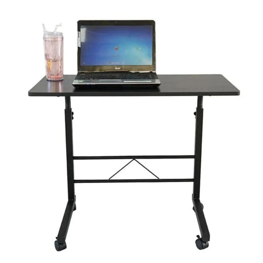 Black adjustable height steel side table with chipboard top, laptop and pink water bottle