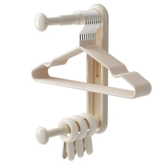 Punch-free beige retractable hanger storage rack with multiple hangers and hooks for space-saving organization