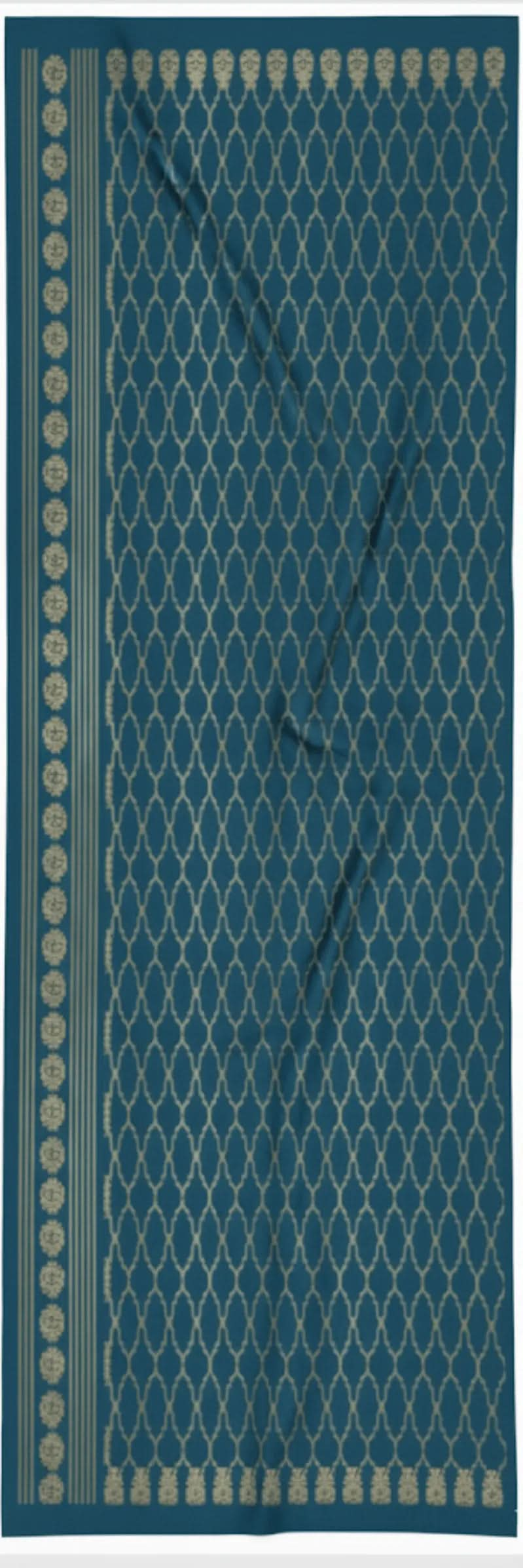 Blue scarf with beige geometric and floral border pattern, wrinkled fabric texture