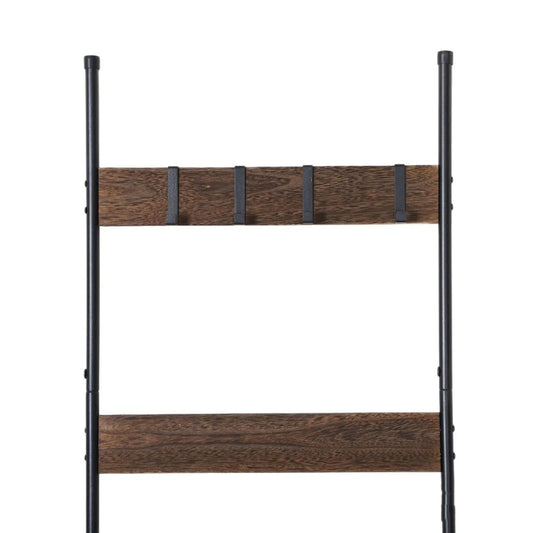 Wooden wall towel rack with black metal frame and four leather straps on white background