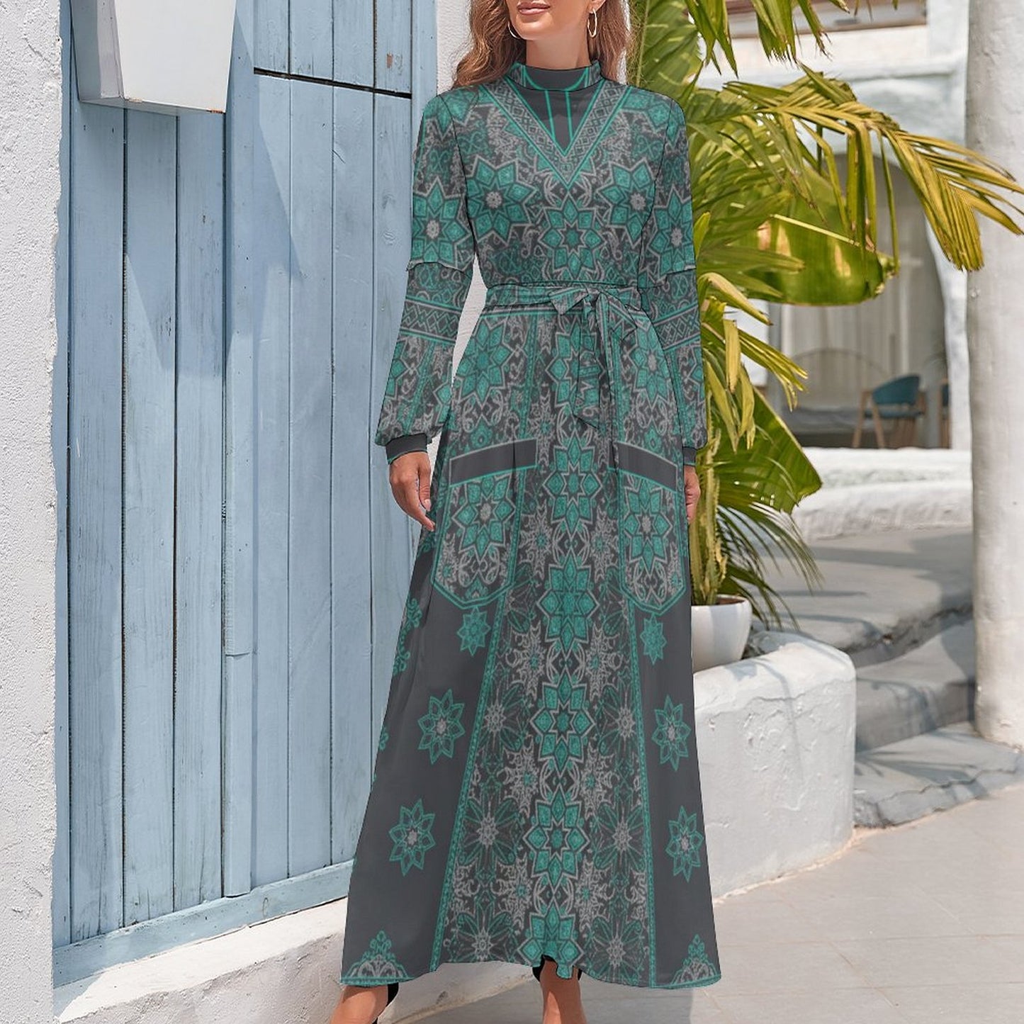 InterestPrint Long Sleeve High Neck Long Dress Polyester Spandex All Over Print