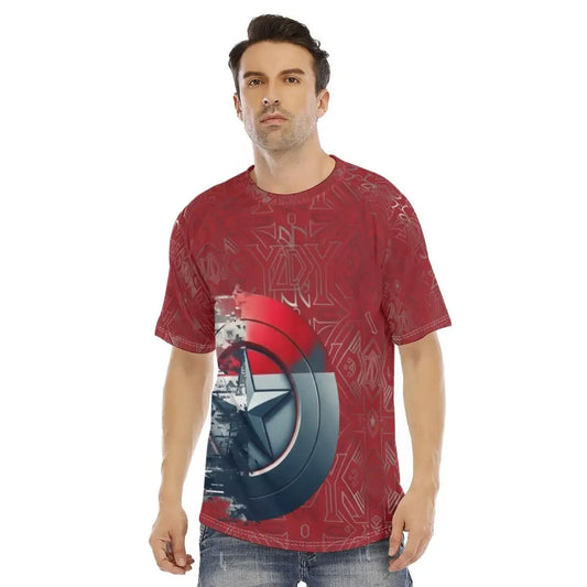 Man wearing red short sleeve O-neck t-shirt with faded Captain America shield print and geometric patterns