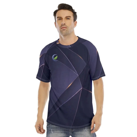 Man wearing dark blue geometric pattern short sleeve O-neck T-shirt with small leaf logo