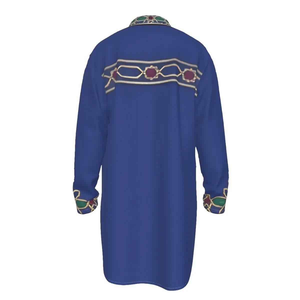 Back view of blue long shirt with stand-up collar and gold, red, green decorative patterns