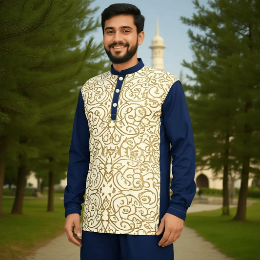 Smiling man wearing navy blue and cream traditional long shirt with gold patterns in a park