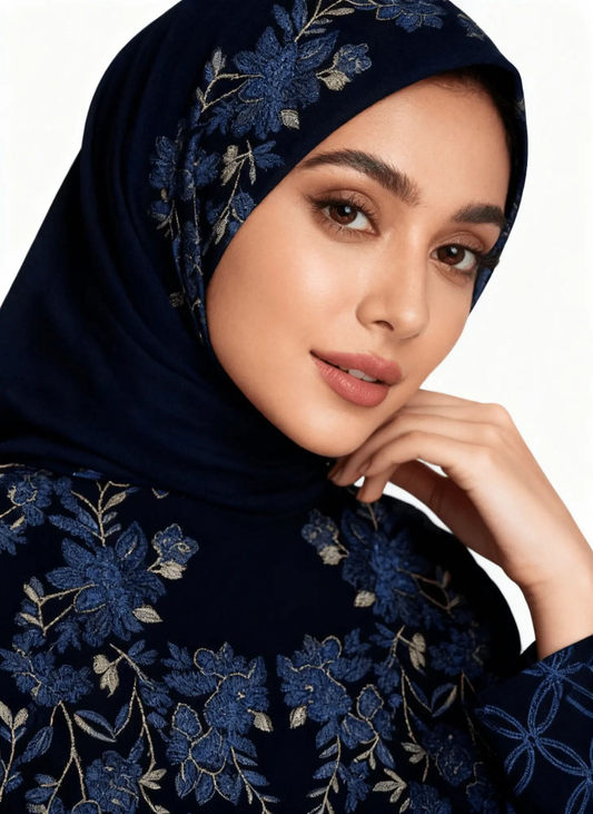 Close-up of woman wearing navy blue hijab and dress with blue and beige floral embroidery