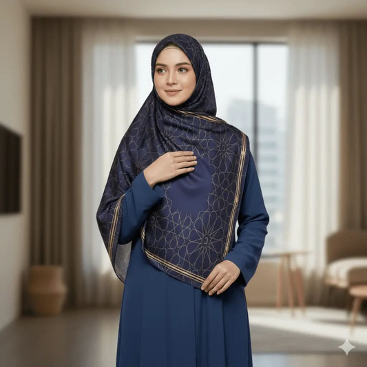 Woman wearing navy blue hijab with gold Islamic geometric patterns in a modern living room
