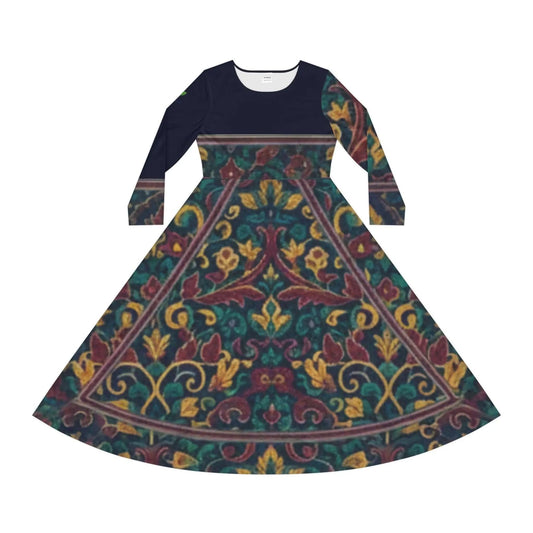 Bohemian long-sleeve women's dress with colorful floral and ornate pattern on skirt and sleeves