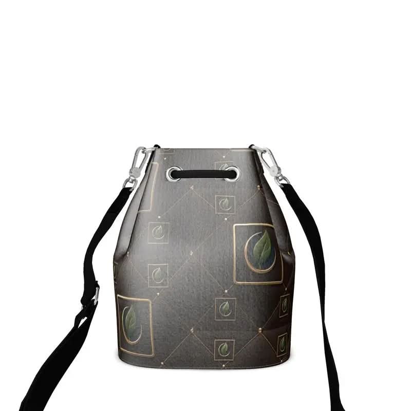 Gray bucket bag with black adjustable strap and green leaf pattern in gold square frames