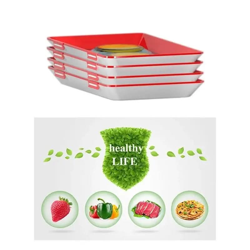 Stack of red and white food preservation trays with fresh strawberry, bell peppers, meat, and pizza promoting healthy life