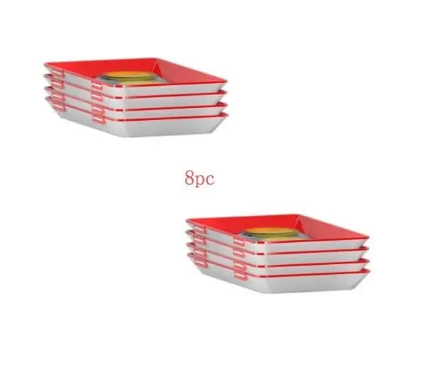 Stack of 8 red and white square food preservation trays with colorful lids on a white background