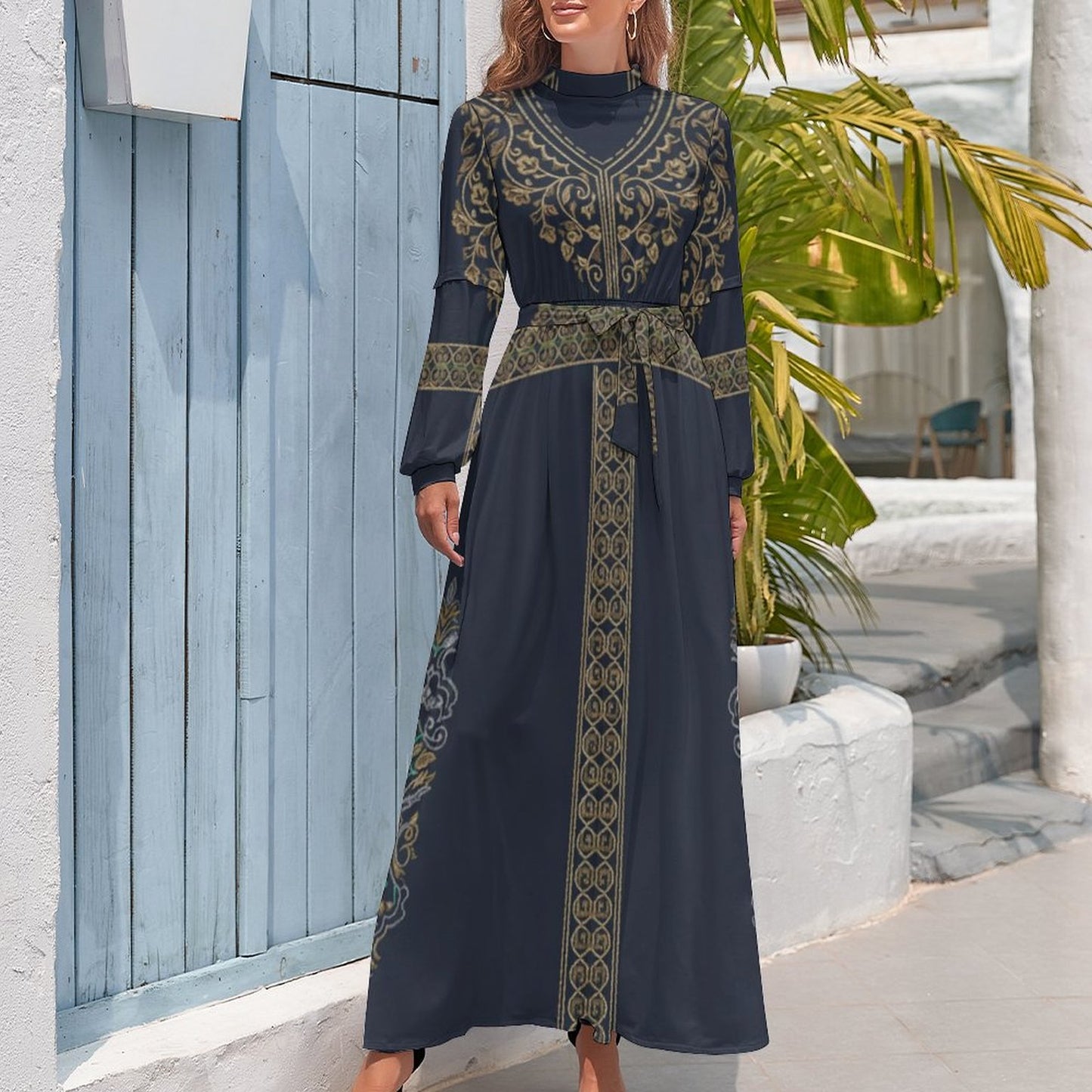 InterestPrint Long Sleeve High Neck Long Dress All Over Print Polyester Spandex