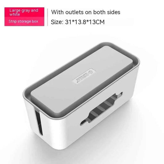 Large gray and white cable storage box with outlets on both sides, measuring 31x13.8x13 cm