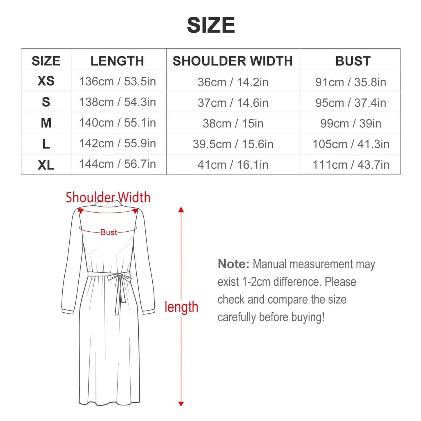 Size chart for long sleeve high neck dress with measurements for length, shoulder, and bust in cm and inches