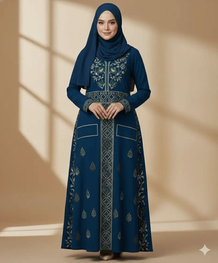 Woman wearing a blue embroidered long sleeve high neck dress with matching hijab against neutral backdrop