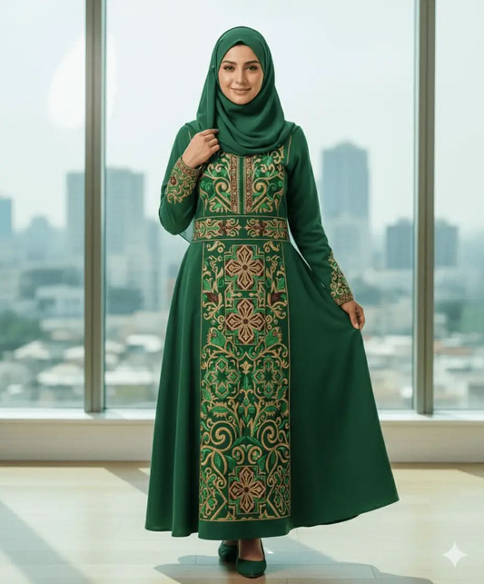Woman wearing a green embroidered long sleeve dress and matching hijab in a modern indoor setting