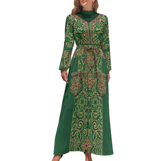 Green long sleeve high neck maxi dress with intricate gold and maroon floral patterns and waist tie