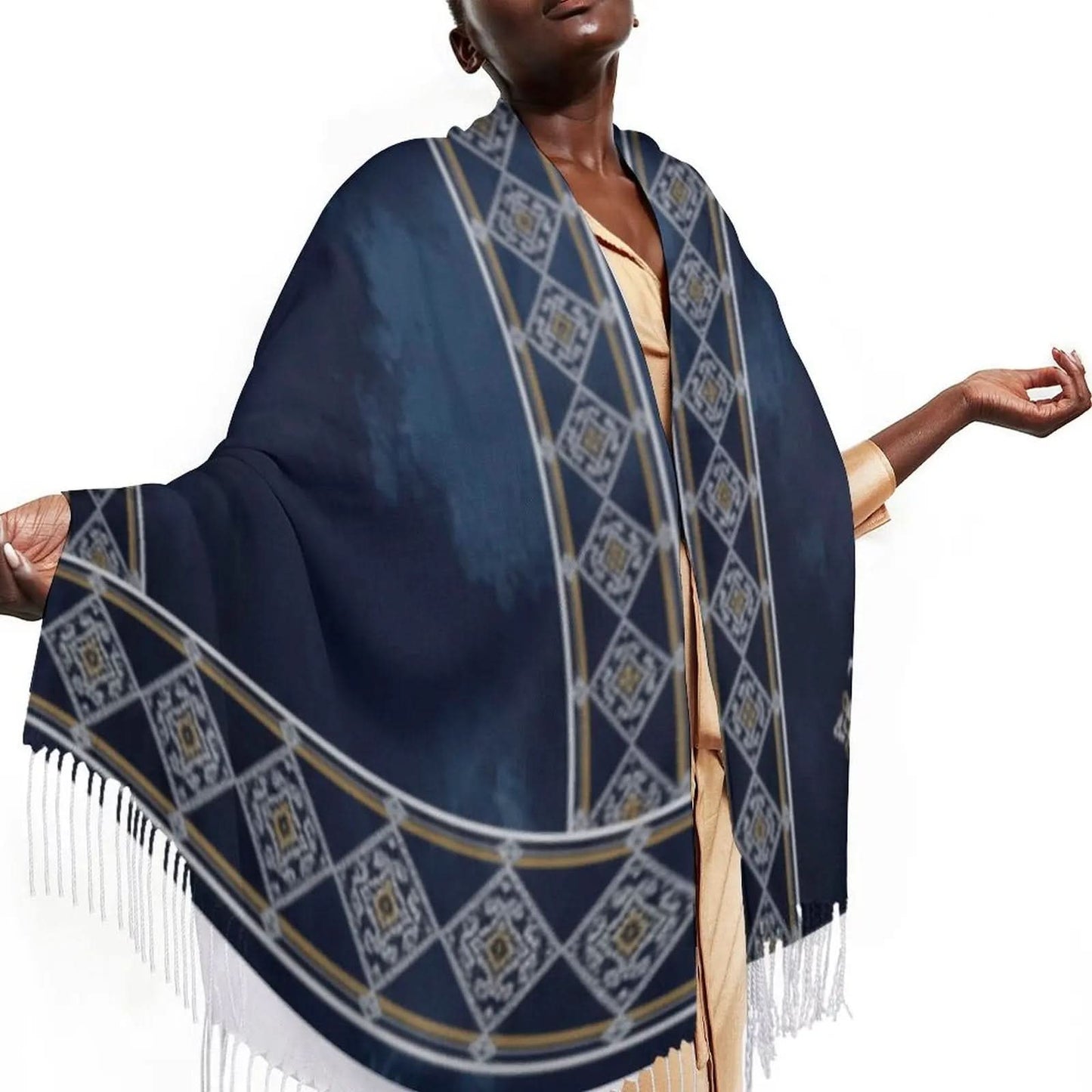 Dark blue tasseled scarf with geometric border pattern worn by a person in beige clothing