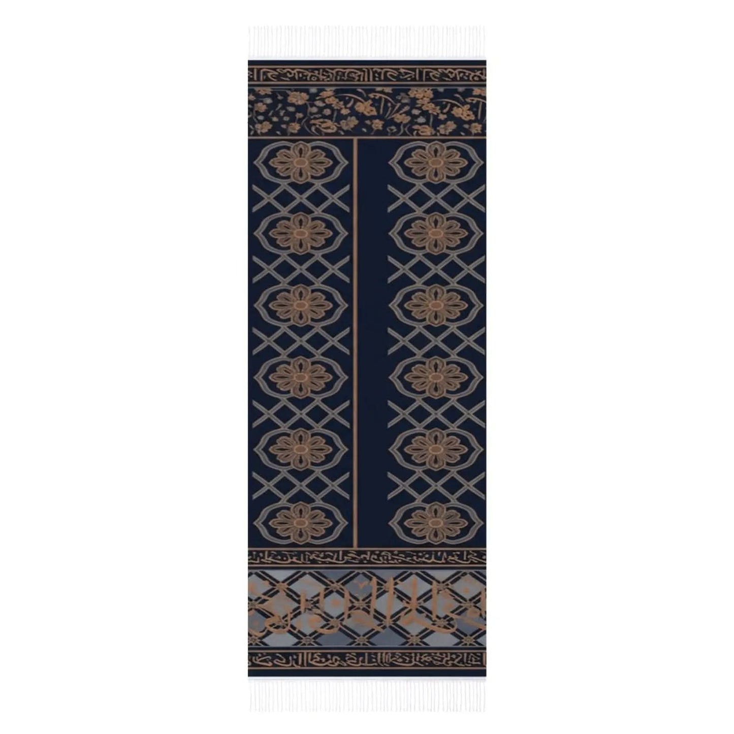 Navy blue scarf with tan floral and geometric patterns and white tassels on edges