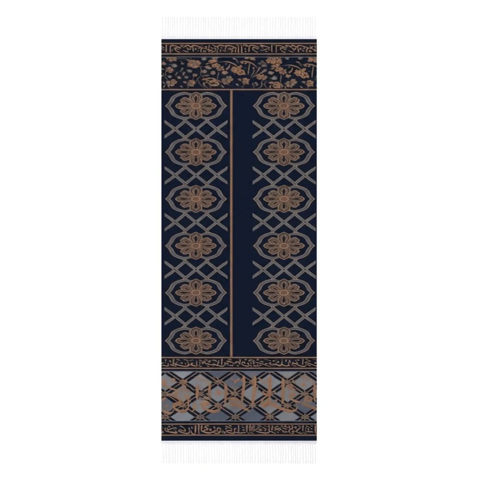 Navy blue scarf with tan floral and geometric patterns and white tassels on edges