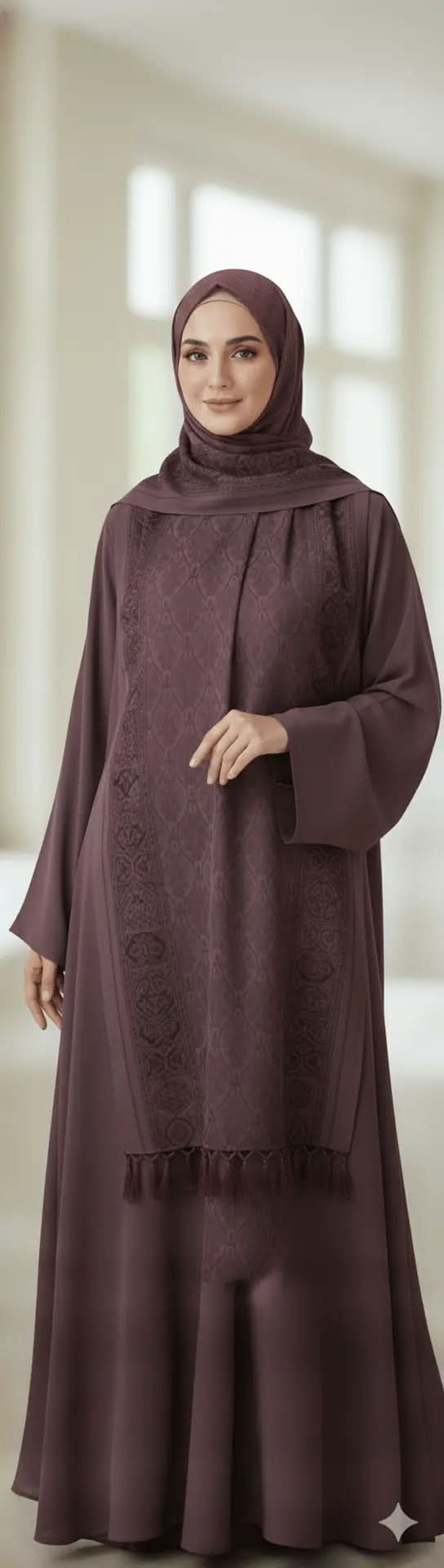 Woman wearing a mauve hijab and matching dress with intricate patterns and tassels, standing indoors