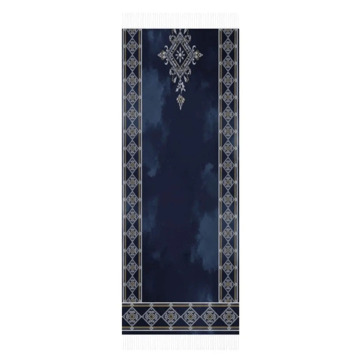 Navy blue prayer rug with intricate geometric and floral patterns and white fringes on both ends