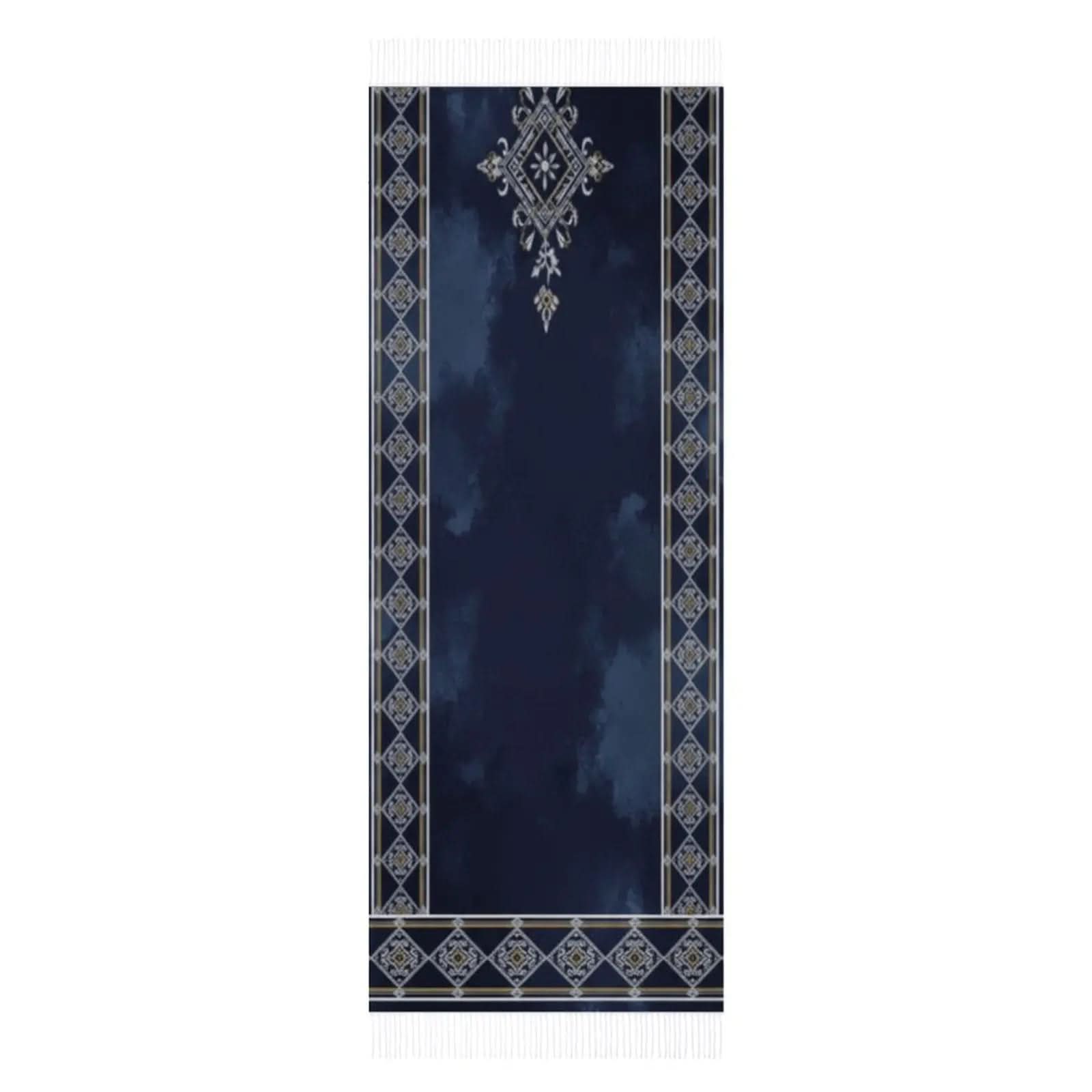 Navy blue prayer rug with intricate geometric and floral patterns and white fringes on both ends
