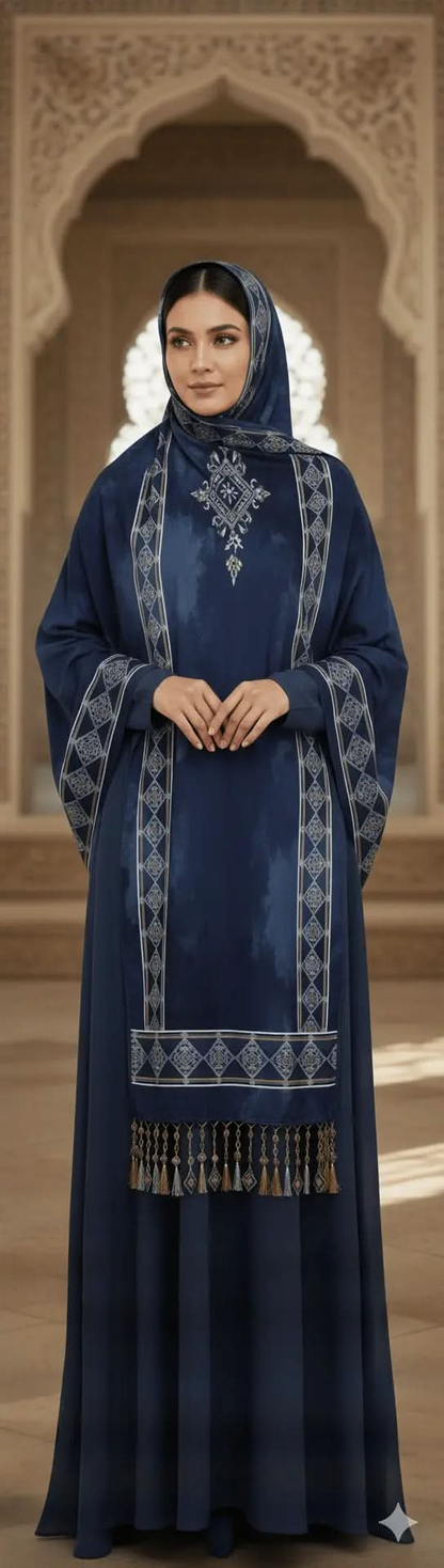 Woman in elegant navy blue abaya with intricate gold embroidery and tassel details in ornate archway
